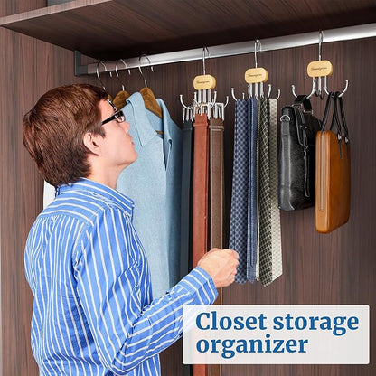 Belt Hanger, Belt Organizer for Closet,Rotatable Tie Rack,Belt Holder,Hanging Closet Organizer Hook for Belt, Bra, Tank Top, Tie, Scarf, Purse,4PCS,Natural
