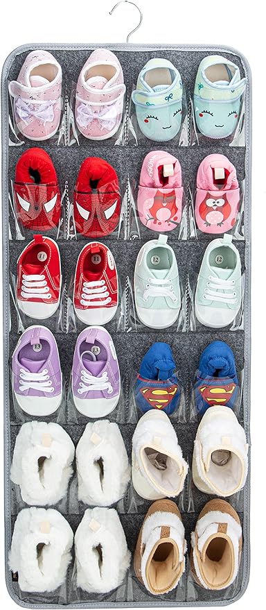 PACMAXI Over The Door Shoes Organizer for 12 Pairs of Baby Shoes Boys Girl, Hanging Baby Sole Shoe Organizer with Hanger(Felt Material-Grey)