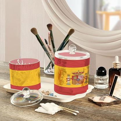 DOMIKING Spain Flag 2 Pack Bathroom Canisters Cotton Swab Holder Dispenser Plastic Cotton Ball Jar Acrylic Storage Containers for Cotton Swab Cotton Ball Cotton Round Pads
