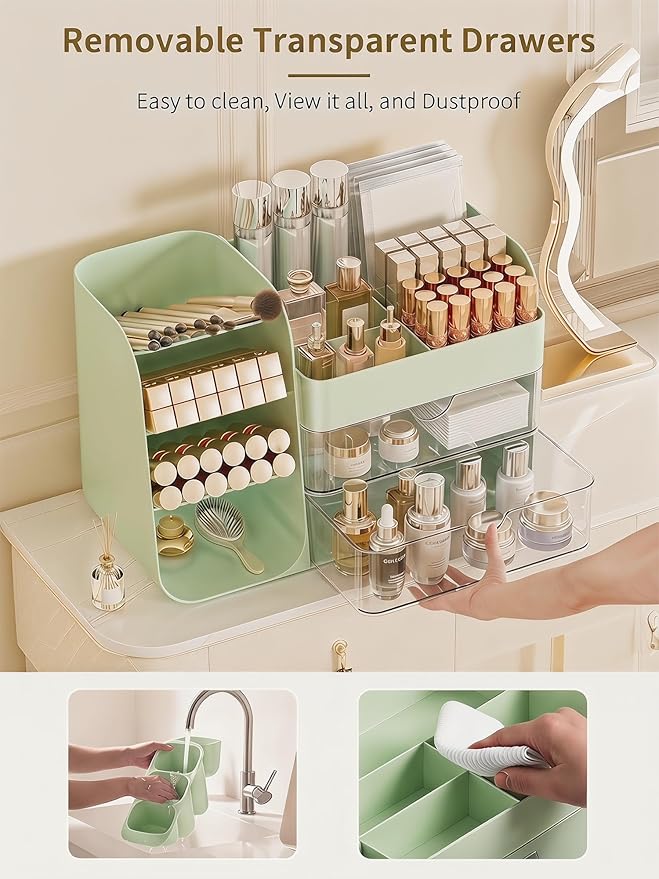 Booklov Makeup Organizer for Vanity, Countertop Cosmetic Display Case with Clear Acrylic Drawers, Bathroom Counter Beauty Caddy, Cute Table Storage Holder for Skincare, Brush Lipsticks, Crystal Green