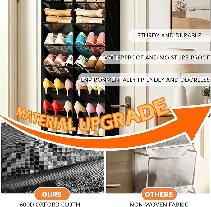 Large Over The Door Shoe Organizer Storage - 10 Tiers Hanging Shoe Organizer Rack with Heavy-Duty 600D Oxford Fabric Material, Widened and Deep Pockets - Fit The Family's Sneakers, Boots, Heels, Black