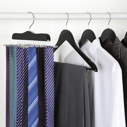 TOPIA HANGER Tie Rack Hanger for Closet 2 Packs, Wooden Tie Organizer for Men with 24 Folding Hooks, Space Saving Necktie Holder for Storage and Display Bra, Tank Top, Camisole (Black) - CT14B-2