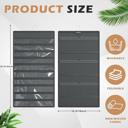 Hanging Jewelry Organizer Storage Roll, Double-Sided Necklaces Holder, 42 Pockets Plus 36 hooks Earrings Organizer Hang in Closet, On Wall, or Doors, Dark Gray