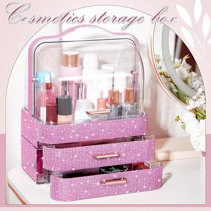 Honeydak Bling Makeup Organizer for Mothers Day Nurses Day Birthday Gifts Rhinestone Cosmetic Display Cases with Transparent Cover, Skincare Perfume Organizer for Countertop, Desk(Pink,Rhinestone)