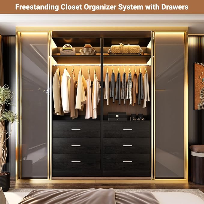 Besiost Freestanding 2FT Closet System with 3 Wood Drawers, 24" Closet Organizer System with Hanging Rod & Shelves, Walk-in Closet Systems for Small Closets, Black (24"L x 15" W x 80" H)