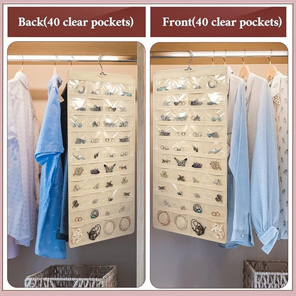 Kenning 4 Pcs Hanging Jewelry Organizer with 80 Pockets Earring Storage Organizer Dual Sided Earring Holder Necklace Hanger Closet for Bracelet, Necklace, Ring, Knitting Tool, Accessories, Beige