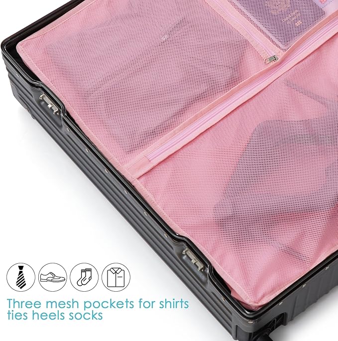 Garment Bags for Travel,60" Heavy Duty Suit Dress Garment Bag with 2 Clear Windows 3 Zipper Pockets,Dress Bags with Shoe Storage for Long Coat, Jacket, Sweater, Shirts, Suits - Pink