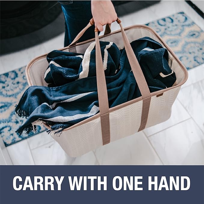 CleverMade Collapsible Laundry Tote 2-Pack (50L) – Foldable Carry-All Storage Bin for Laundry, Car Trunk, RV, Dorm & Home Organization – LUXE Cotton Blend with Vegan Leather Accents, Cream