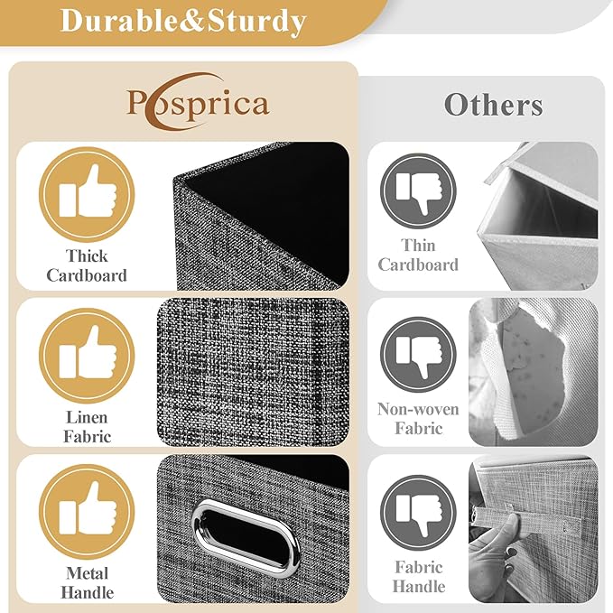 Posprica 15.12"x12.13"x12.01" Storage Cube Bins, Linen Decorative Closet Storage Organizer for IKEA Kallax, 4 Pack Fabric Foldable Large Storage Baskets for Closet, Shelves, Clothes, Toy (Black)