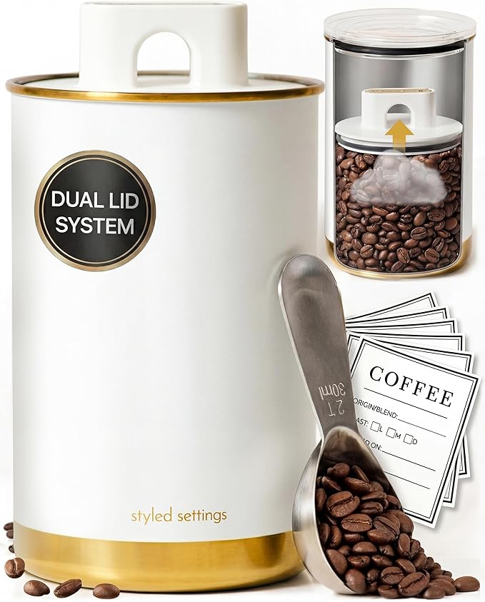 STYLED SETTINGS Vacuum Coffee Canister with Airtight Lid - Dual-Lid Airtight Coffee Canister with Scoop and Label for Beans and Grounds, Food Storage Container -White and Gold Kitchen Accessories