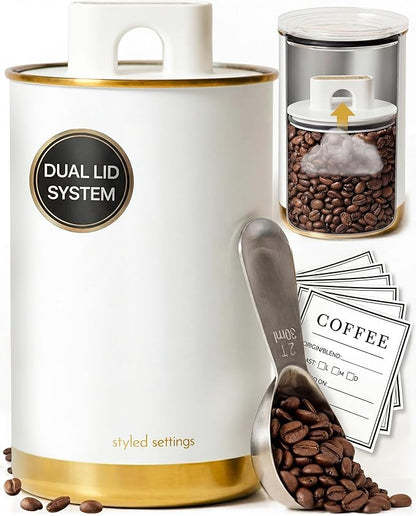 STYLED SETTINGS Vacuum Coffee Canister with Airtight Lid - Dual-Lid Airtight Coffee Canister with Scoop and Label for Beans and Grounds, Food Storage Container -White and Gold Kitchen Accessories