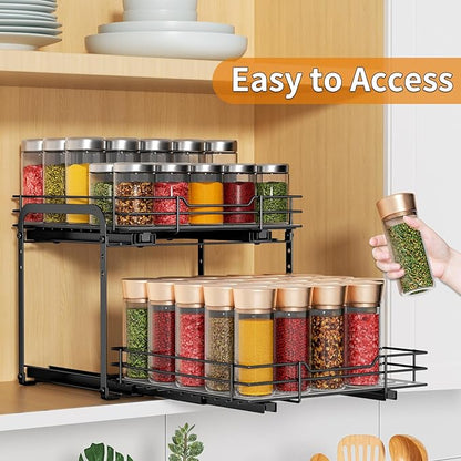 RCHYFEED Spice Organization for Cabinet,2 Tier Pull out Spice Rack Organizer for Inside Cabinets & Pantry, Slide out Heavy Duty Spice Shelf Rack for Kitchen Seasoning (11.5" Wx10.5 Dx9.5 H)