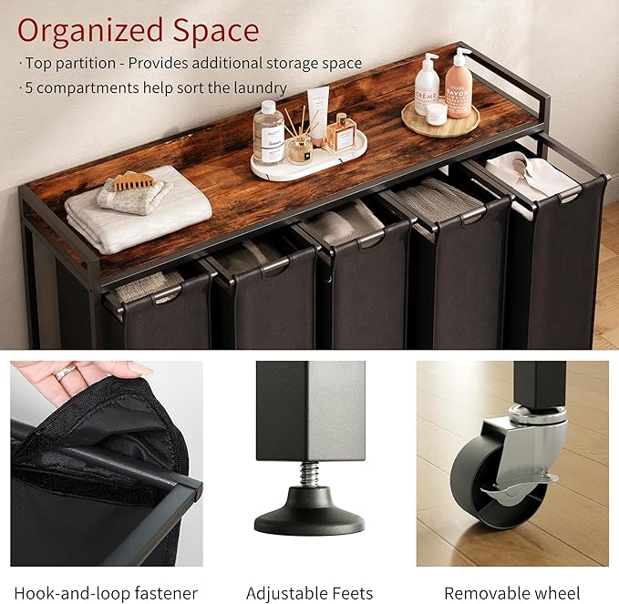 Herture Laundry Hamper with Shelf, Laundry Basket 5 Section, Laundry Sorter with Pull-Out Removable Large Bags and Movable Wheels, Metal Frame, 5 x 15.87 Gallons (60L), Rustic Brown + Black PF08XLY