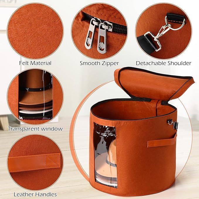 Suzile 4 Pcs Hat Boxes Oversized Round Cowboy Hat Storage Box for Women Men 19" x 17" Cowboy Large Felt Organizer Bag Baseball Cap Container with Dustproof Lid for Clothes Case Travel Gift(Red Brown)