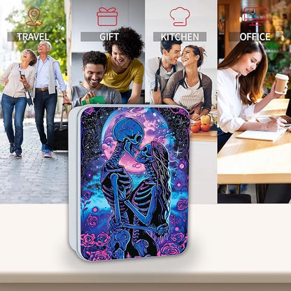 Metal Tin Box Sturdy Metal Storage Box with Lid, Large Container Holder for TCG Cards,Car Keys,Cookies,Tin Containers for Gift,5.0x3.7x1.6 Inch,Exquisite Pattern Design(Skeleton Couple)
