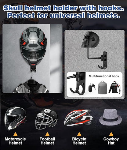 Motorcycle Helmet Holder (2 Pack) Wall Mount, Helmet Hanger 180° Rotation Helmet Rack with Double Hook for Football Helmet, Bicycle Helmet, Hat, Cap, Sportswear, Motorcycle Accessories