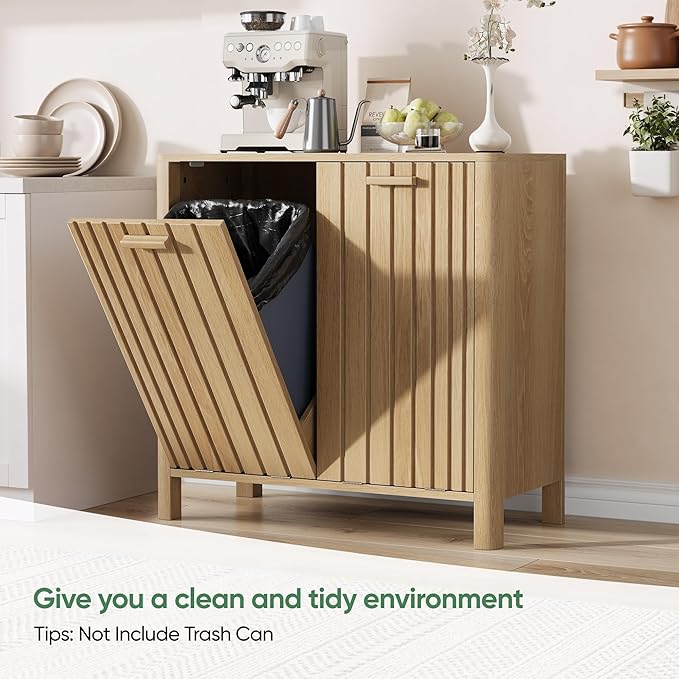Double Tilt Out Laundry Hamper Cabinet, 11.8 Gallon Gradien Fluted Hidden Trash Cabinets with 2 Baskets for Bathroom Kitchen & Living Room, Freestanding Bathroom Storage Cabinet（Natural Oak）