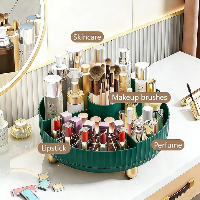 Anyoifax Makeup Perfume Organizer Tray with Divider 360 Degree Rotating Lazy Susan Skincare Lotion Organizer Spinning Cosmetics Storage for Dresser, Vanity, Bathroom Countertop, Large Teal Green