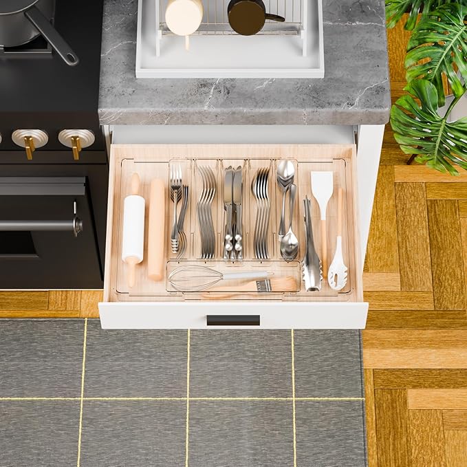 Yieach Large Clear Expandable Silverware Drawer Organizer for Kitchen,BPA FREE Adjustable Utensil Drawer Organizer and Silverware Tray,Plastic Flatware Organizers,Cutlery,Knife,Fork and Spoon Holder