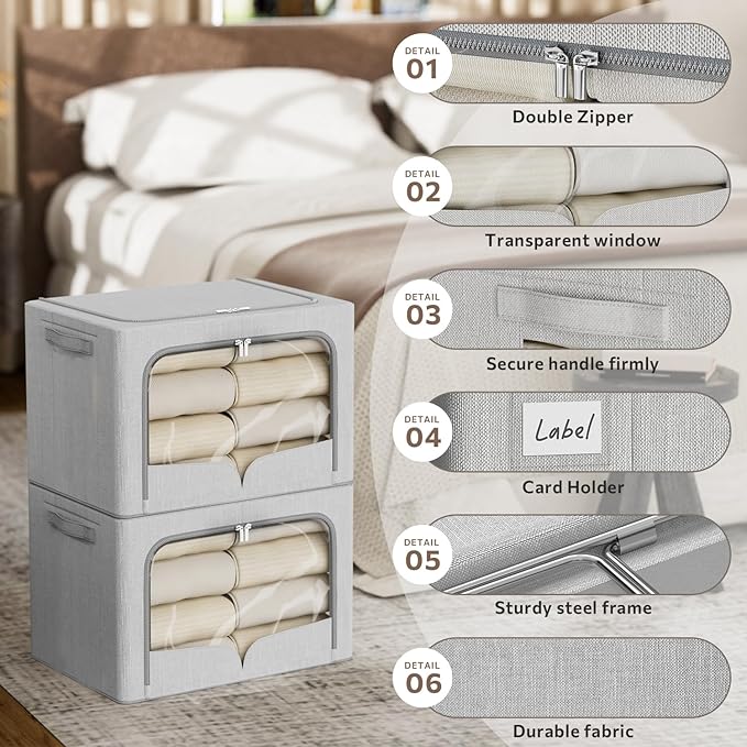 FHSQX 3 Pack Clothes Storage Bins - Foldable Metal Frame Storage Box - Stackable Linen Fabric Container Organizer Set with Carrying Handles and Clear Window (Light Gray, 15.7x11.8x7.8inch(22L))