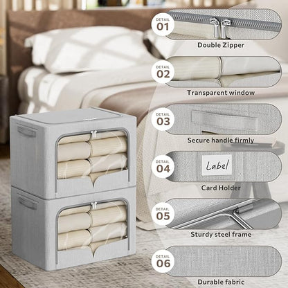 FHSQX 3 Pack Clothes Storage Bins - Foldable Metal Frame Storage Box - Stackable Linen Fabric Container Organizer Set with Carrying Handles and Clear Window (Light Gray, 15.7x11.8x7.8inch(22L))