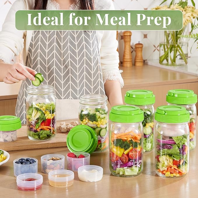 6 Pack Glass Salad Container for Lunch, Salad Jars with Two Dressing Cup for Wet/Dry Separation, Salad Mason Jars with Handle, Leak-proof Meal Prep Containers for Home, Office and Outdoor Use