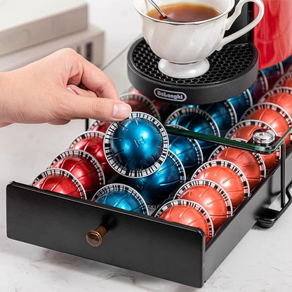 Coffee Pod Drawer Organizer for Nespresso Vertuo, 30 Pods Coffee Pod Holder, Coffee Pods Organizer with Mesh Shelves Black Glass
