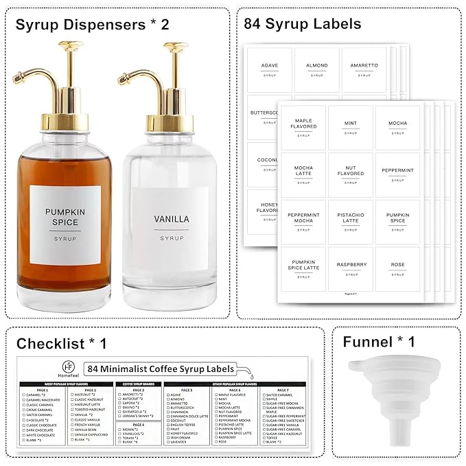 Coffee Bar Accessories - Glass Coffee Syrup Dispenser with 84 Syrup Labels (Set of 2), Fancy Pump Dispenser, 16.9 oz, Gold