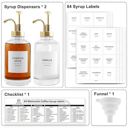 Coffee Bar Accessories - Glass Coffee Syrup Dispenser with 84 Syrup Labels (Set of 2), Fancy Pump Dispenser, 16.9 oz, Gold