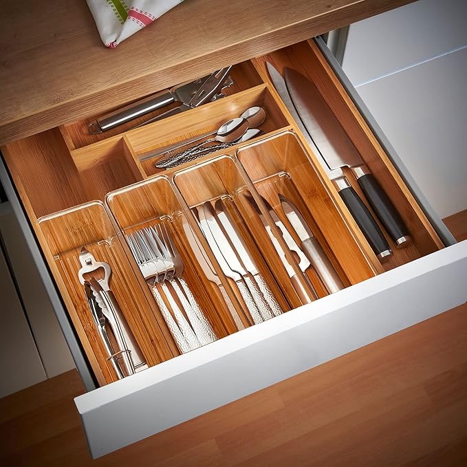 Qilinba 8 PACK Drawer Organizer Bins Bathroom Deep Drawer Silverware Organizers Clear Stackable Storage Bins for Vanity, Pantry, Office, Cabinet, Kitchen Counter Organization and Storage