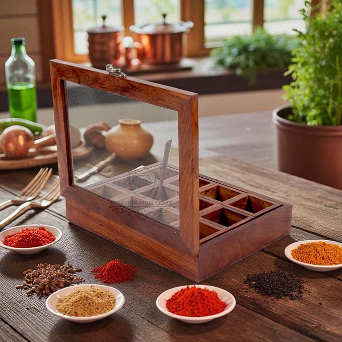 Wooden Spice Box set for Kitchen Large Containers Spice Jars & Spoon in Sheesham Wood Masala Dabba for Kitchen Masala Dani Namak Dani Dabba Multipurpose Decorative Boxes