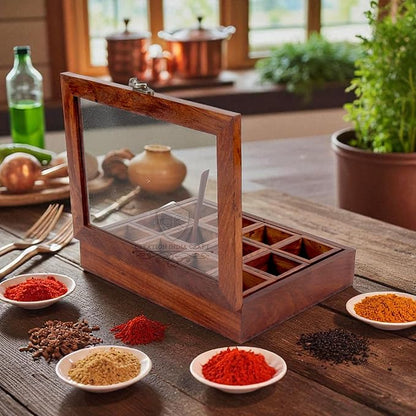 Wooden Spice Box set for Kitchen Large Containers Spice Jars & Spoon in Sheesham Wood Masala Dabba for Kitchen Masala Dani Namak Dani Dabba Multipurpose Decorative Boxes