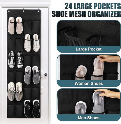 24 Large Pockets Upgraded Over the Door Shoe Organizer, Enhanced Hanging Solution Holder Closets, Shoe Cabinets for Everyone