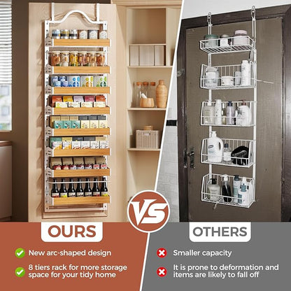 8-Tier Spice Rack Wall Mount, Heavy-Duty Over the Door Pantry Organizer with Wooden Adjustable Basket, 2 IN 1 Wall Mount or Hanging Pantry Door Organizer, Door Spice Rack for Home, White