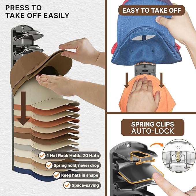 Spring Clip Hat Organizer Hold Storage 40 Caps for Baseball Caps（2-Pack） Wall Mount Closet & Door Hat Rack Holder Hanging Closet Install with Strong Adhesive or Screws.