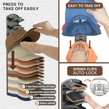 Spring Clip Hat Organizer Hold Storage 40 Caps for Baseball Caps（2-Pack） Wall Mount Closet & Door Hat Rack Holder Hanging Closet Install with Strong Adhesive or Screws.