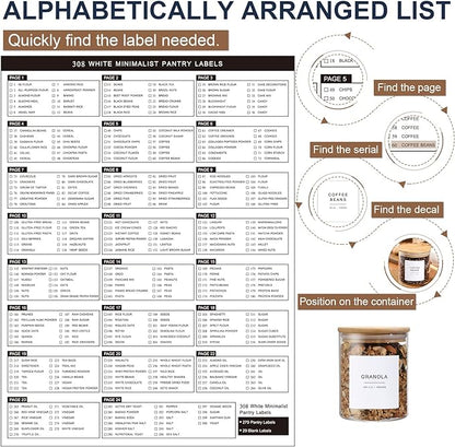 308 Kitchen Pantry Labels for Food Containers, 3 Sizes White Minimalist Labels for Organizing, Food Label for Jars, Storage Bins, Preprinted Waterproof Pantry Label for Containers