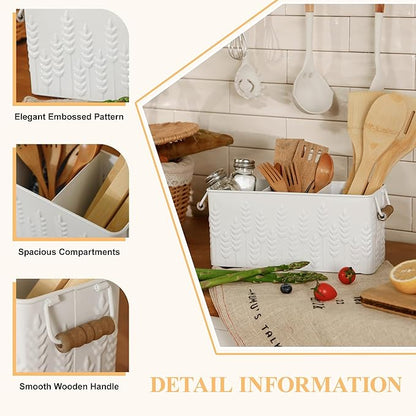 Silverware Caddy for Party Kitchen Flatware Holder for Countertop Metal White Ear of Wheat Pattern Embossed Cutlery Organizer with 3 Compartments for Utensils, Spoons, Knives, Forks
