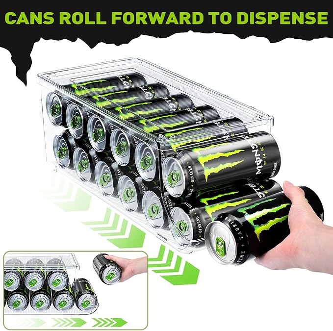 SCAVATA 2 Pack Tall Skinny Can Organizer for Refrigerator, Stackable Large Soda Cans of 16oz & 17oz Beverage Energy Drink Container Holder Dispenser with Lid for Fridge, Clear Storage Plastic Bins