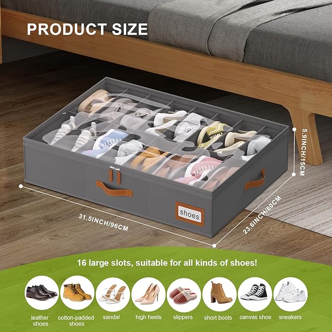 homyfort Shoe Organizer Under Bed, Fits 32 Pairs, Under bed Shoe Storage Boxes with Study Handles and Clear Cover, zapateras organizer for shoes, set of 2