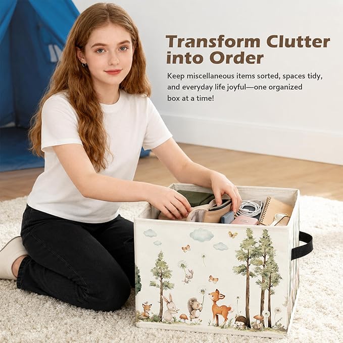 Forest Animal Nursery Storage Box Bins, Watercolor Tree Deer Fox Bunny Animal Collapsible Storage Basket Organizer for Kids Room Laundry Room Clothes Books, Decor for Room