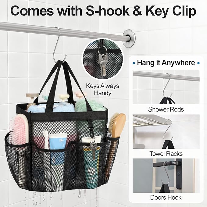 F-color Mesh Shower Caddy Portable - 2 Handles Upgrade Deeper 7 Pockets Basket Bag Tote for College Dorm Room Toiletry Bathroom Essentials Gym Camp Quick Dry with S Hook, 2 Pack, Black & Mint Green