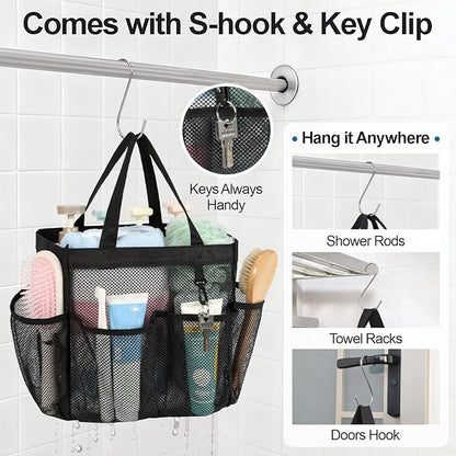 F-color Mesh Shower Caddy Portable, Upgrade Deeper 7 Pockets Shower Bag Basket Tote for College Dorm Room Bathroom Essentials Gym Camp Quick Dry 2 handles with S Hook, 2 Pack Black