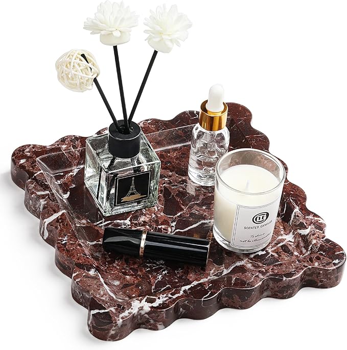 Natural Marble Vanity Tray - Moujings Genuine Marble Perfume Tray for Bathroom Decor, Stone Bathroom Vanity Organizer Tray for Kitchen Counter, Candles, Jewelry, Coffee, Makeup, Key