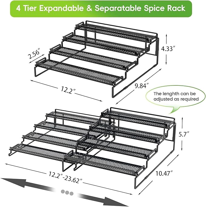 4 Tier Spice Rack Organizer for Cabinet, Black (2 PCS S&L) Seasoning Organizer Rack for Inside Cabinets, Countertop, Pantry Storage