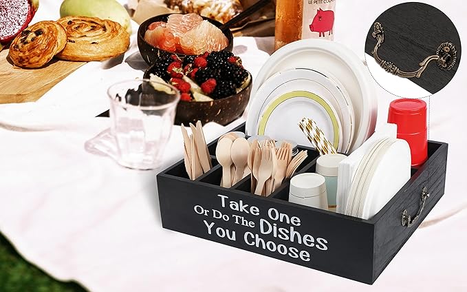 Silverware Caddy Organizer for Countertop, Kitchen Utensil Caddy for Cups, Forks, Spoons, Napkins, Wooden Utensil Holder Paper Plate Dispenser for Party Picnic