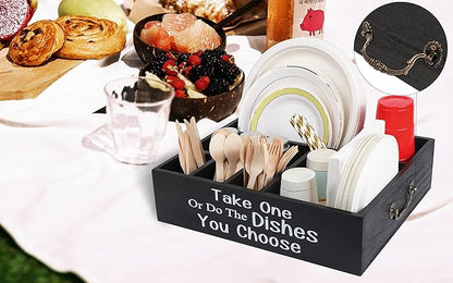 Silverware Caddy Organizer for Countertop, Kitchen Utensil Caddy for Cups, Forks, Spoons, Napkins, Wooden Utensil Holder Paper Plate Dispenser for Party Picnic