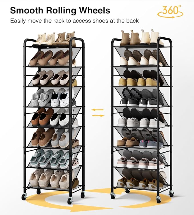 STO STO 8-Tier Narrow Shoe Rack with Lockable Wheels, Double-Sided Vinyl Mesh Shelf Shoe Organizer for Up to 30 Pairs, Slim Space Saving Metal Rolling Shoe Storage for Entryway, Closet, Hallway