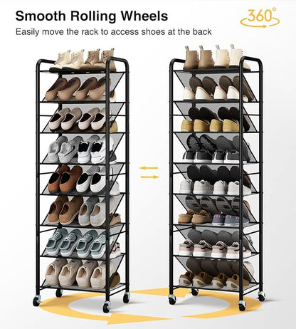 STO STO 8-Tier Narrow Shoe Rack with Lockable Wheels, Double-Sided Vinyl Mesh Shelf Shoe Organizer for Up to 30 Pairs, Slim Space Saving Metal Rolling Shoe Storage for Entryway, Closet, Hallway
