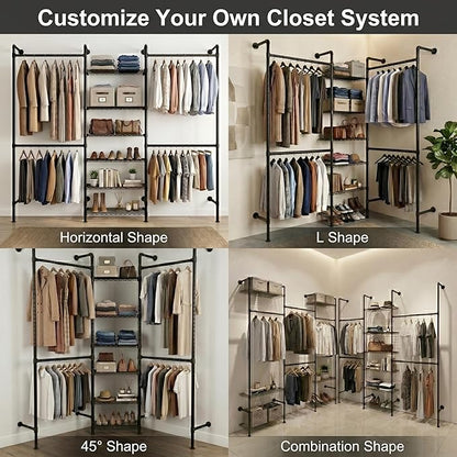 F3 Wall Mounted Closet System, Industrial Pipe Clothing Rack for Hanging Clothes, Heavy Duty Closet Organizer System, Clothes Racks with Shelves & Expandable Rod for Wardrobe, Corner, Black